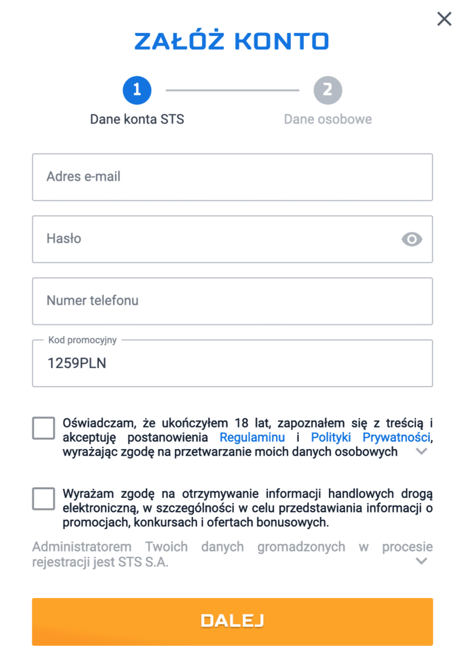 STS zakład bez depozytu