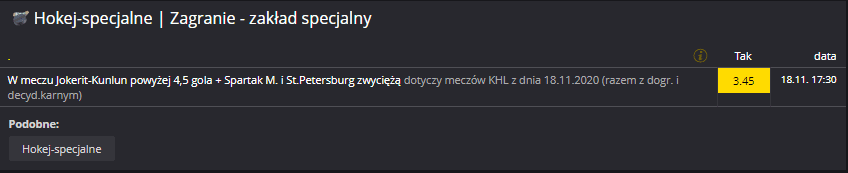 KHL Fortuna zakład specjalny na 18.11.