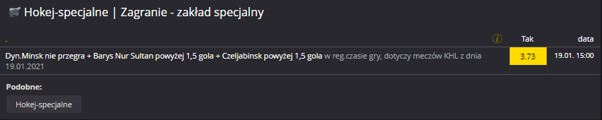 Zakład specjalny Fortuna 19.01. KHL