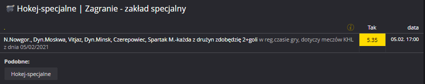 Zakład specjalny Fortuna na 05.02. KHL