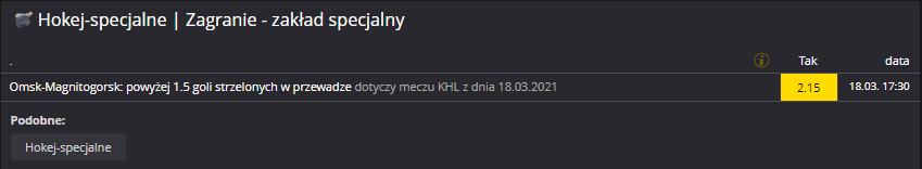 Specjalny zakład Fortuna 18.03. KHL