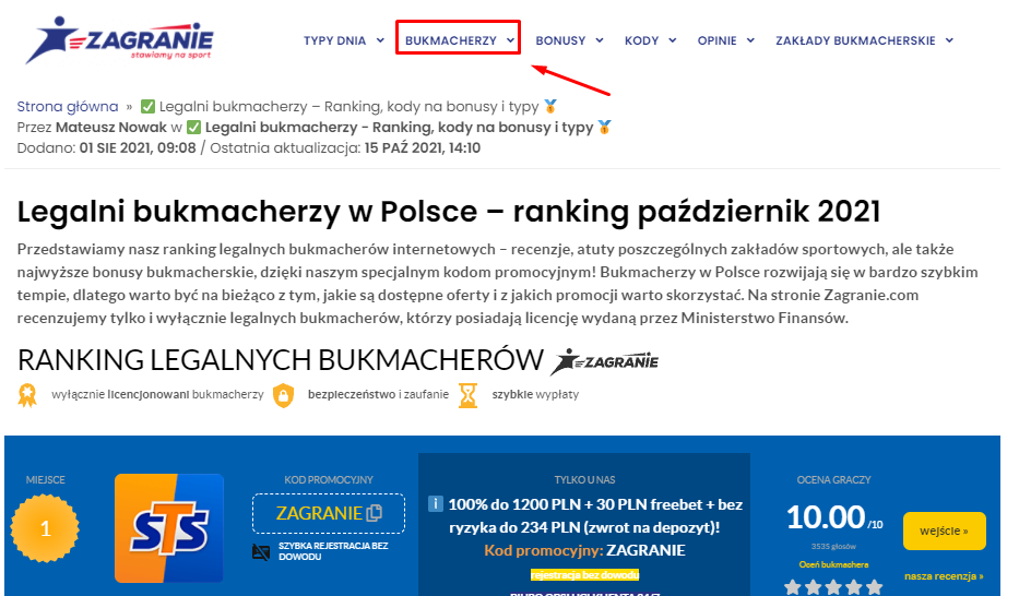 Strona internetowa Zagranie.com - zakładka bukmacherzy zawierająca ranking legalnych operatorów