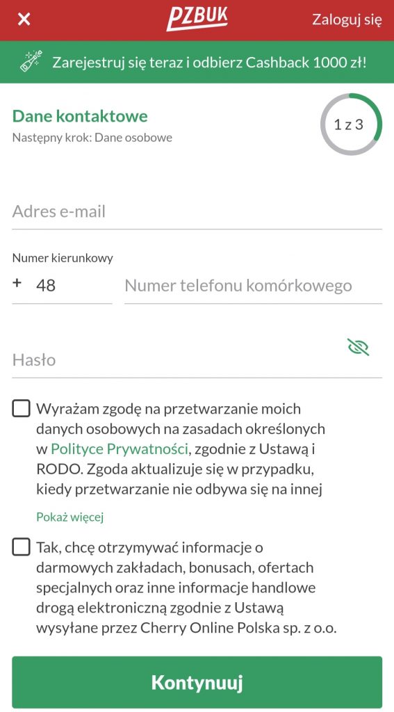 Rejestracja w PZBuk - pierwszy formularz.