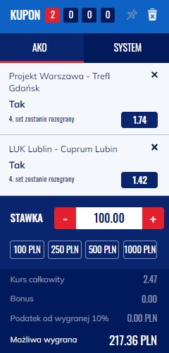 Ekupon Etoto Projekt Warszawa vs Trefl Gdańsk i LUK Lublin vs Cuprum Lubin