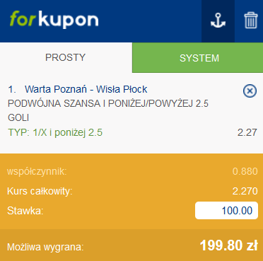 kupon SEO Warta Poznań - Wisła Płock, 18.11. ForBET