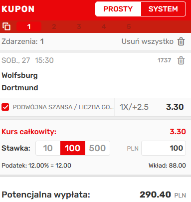 kupon SEO Wolfsburg - BVB, 26.11. Superbet