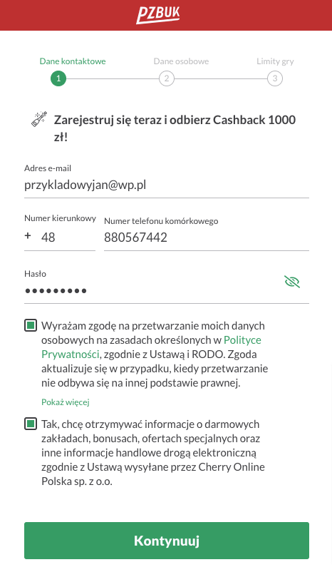 Dane kontaktowe w formularzu rejestracji PZBuk.