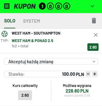kupon SEO West Ham - Southampton 26.12. Totalbet