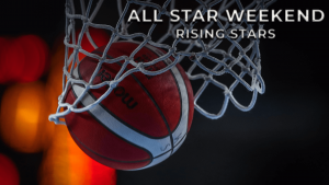 Grafika na rising stars, piłka w koszu, NBA 18.02.2022