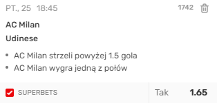 kupon solo milan - udinese superbet