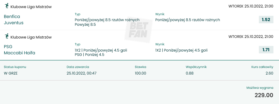 Kupon double Liga Mistrzów BETFAN