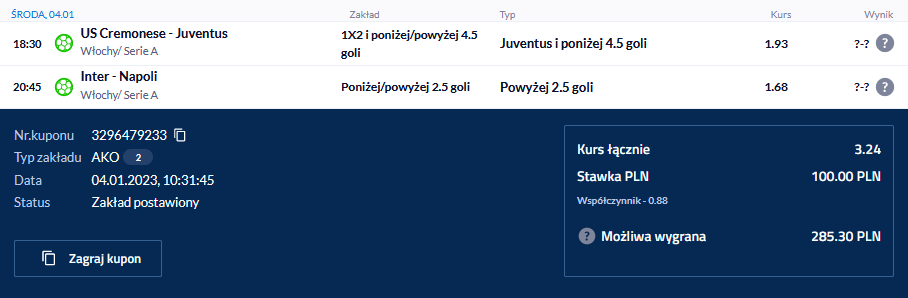 Kupon double Serie A forBET