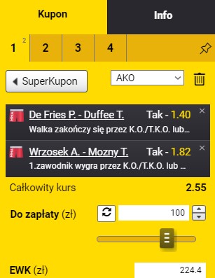 KSW 79, Liberec, kupon, 25 lutego, 2 typy, De Fries vs Duffee, Wrzosek vs Mozny