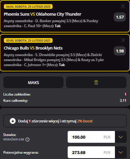 KUPON NBA W LVBET; 24.02