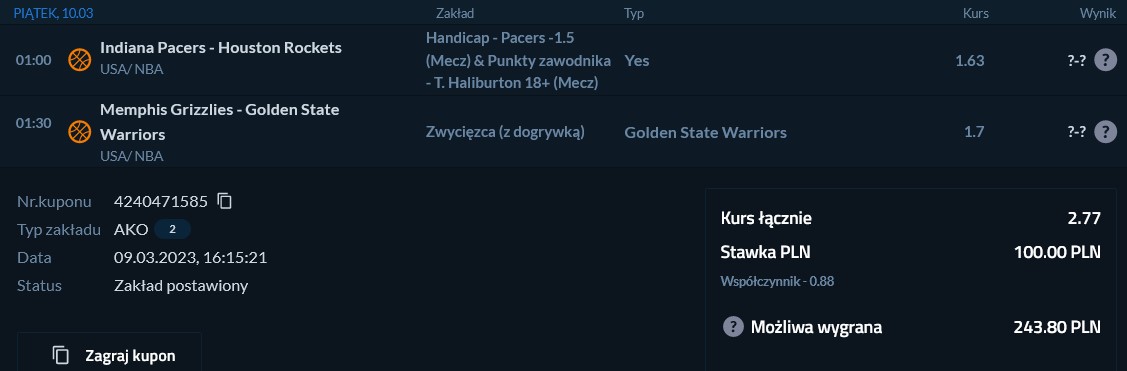 Kupon w forbet na NBA 09.03.2023