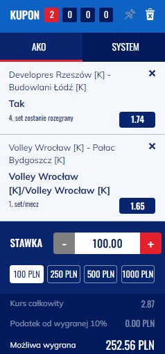 Kupon, double, Developres Rzeszów vs Grot Budowlani Łódź, #VolleyWrocław, play - offy