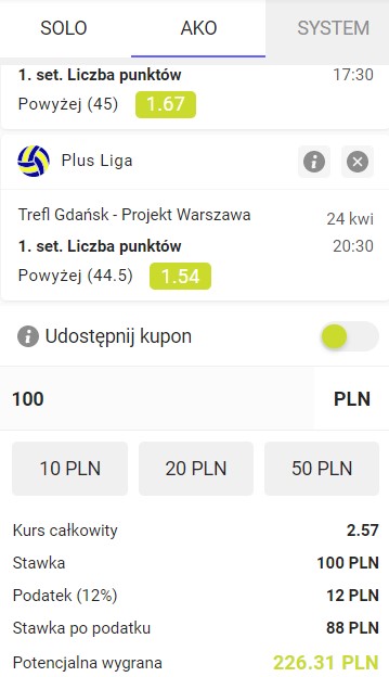 Kupon, goplusbet, Trefl Gdańsk vs Projekt Warszawa, PSG Stal Nysa vs Indykpol AZS Olsztyn