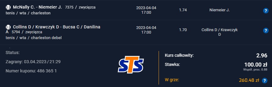 Kupon double tenis STS 04,04,2023