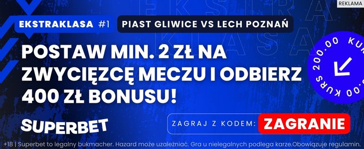 Bonus 400 PLN za wynik meczu Piast - Lech