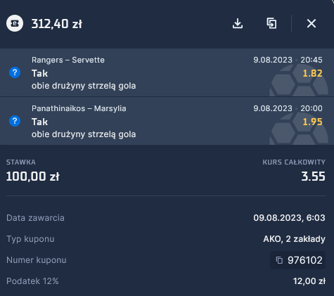 Kupon double el. LM 9 sierpnia STS