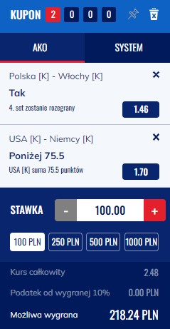 Polska vs. Włochy, USA vs. Niemcy, turniej kwalifikacyjny do IO 2024, siatkówka, ETOTO, kupon, double