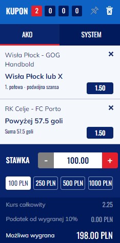 ORLEN Wisła Płock vs. GOG Handbold, RK Celje vs. FC Porto Sofarma, kupon, Etoto, double, piłka ręczna, Liga Mistrzów, 2. kolejka sezonu 2023/2024