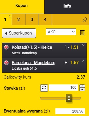 Double, kupon, Fortuna, piłka ręczna, EHF Liga Mistrzów 2023/2024, 2. kolejka, Kolstad vs. KS Industria Kielce, FC Barcelona vs. S.C. Magdeburg