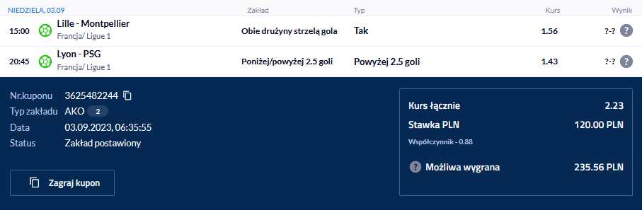 Kupon double Ligue 1, 3 września forBET