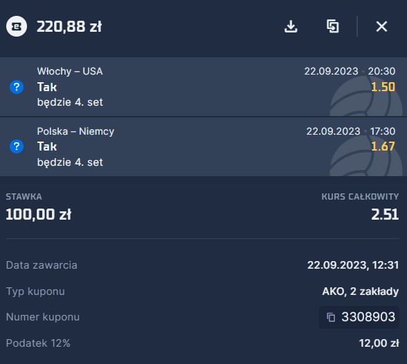 STS, double, kupon, siatkówka, Polska vs. Niemcy, USA vs. Włochy