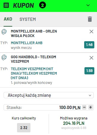 Montpellier vs Orlen Wisła Płock, GOG Handbold vs Telekom Veszprem, 3. kolejka Ligi Mistrzów, piłka ręczna, kupon, double, Totalbet