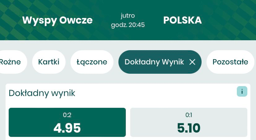 zakład na dokładny wynik Wyspy Owcze - Polska (Betfan)