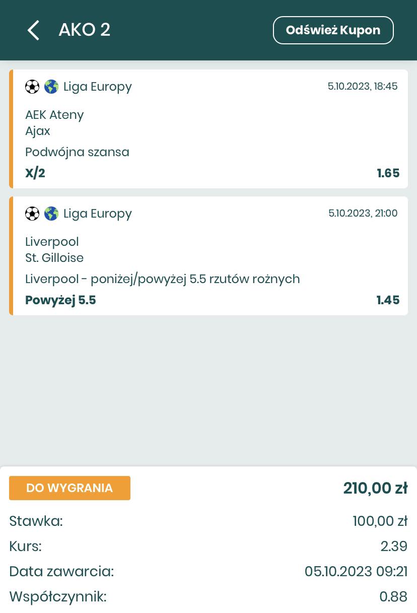 kupon Liga Europy 05.10 Betfan