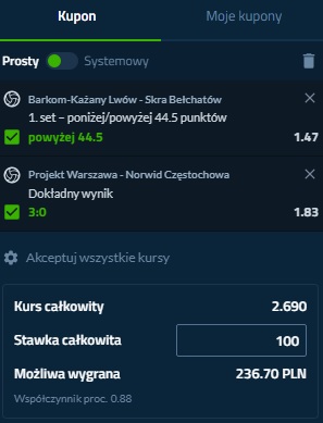 Projekt Warszawa - KS Norwid Częstochowa, Barkom Każany - Lwów vs PGE Skra Bełchatów, siatkówka, PlusLiga, Forbet, double, kupon