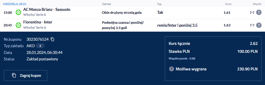 Kupon Serie A 28 stycznia forBET