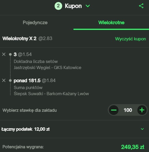 Jastrzębski Węgiel - GKS Katowice, Ślepsk Malow Suwałki - Barkom Każany Lwów, PlusLIga, double, kupon, ComeOn