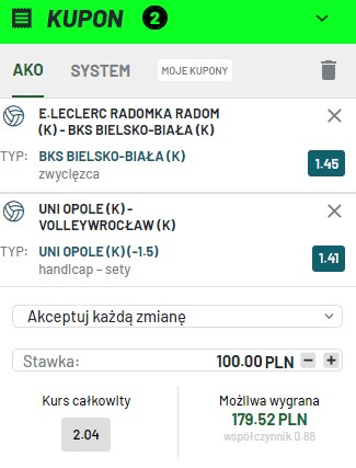 MOYA Radomka - BKS BOSTIK ZGO Bielsko - Biała, UNI Opole - VolleyWrocław, double, kupon, Totalbet