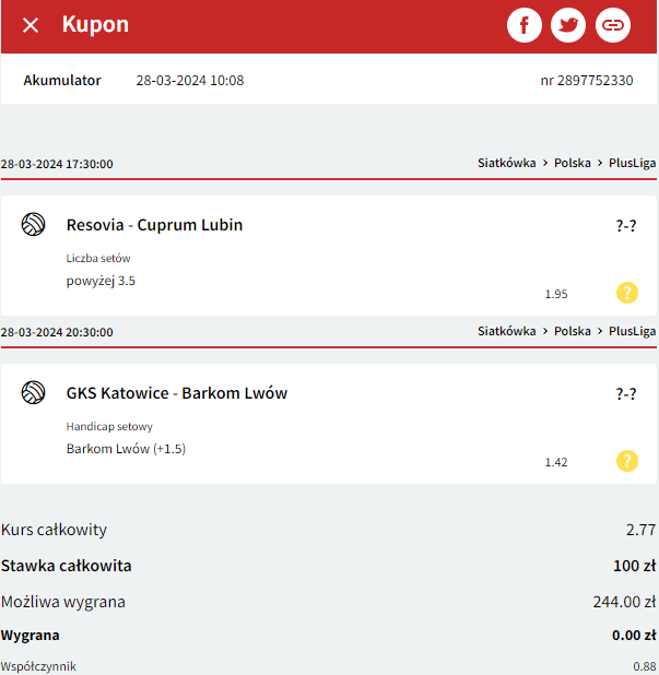 Fuksiarz, double, kupon, Asseco Resovia Rzeszów - Cuprum Lubin oraz GKS Katowice - Barkom-Każany Lwów