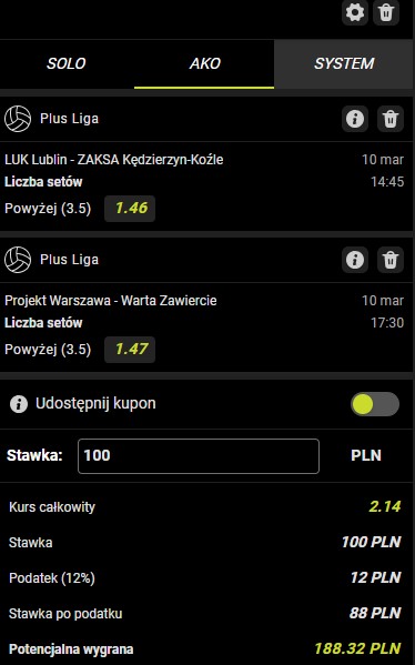 LUK Lublin - ZAKSA, Projekt Warszawa - Warta Zawiercie, Goplusbet, double, kupon