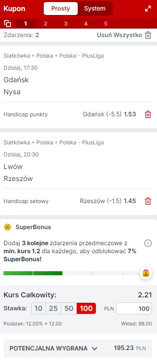 Superbet, double, kupon, Barkom Każany Lwów - Asseco Resovia Rzeszów, Trefl Gdańsk - PSG Stal Nysa