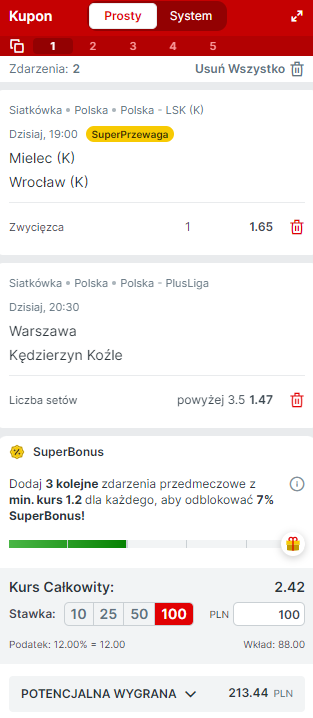 Superbet, double, kupon, Stal Mielec - VolleyWrocław, Projekt Warszawa - ZAKSA Kędzierzyn-Koźle