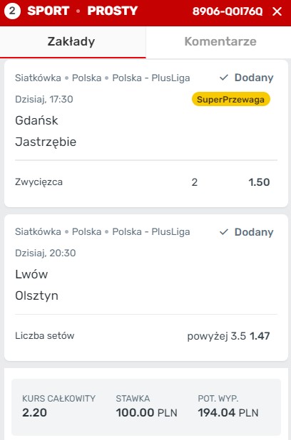 Trefl Gdańsk - Jastrzębski Węgiel, Barkom Każany Lwów - Indykpol AZS Olsztyn, double, Superbet, kupon, PlusLiga