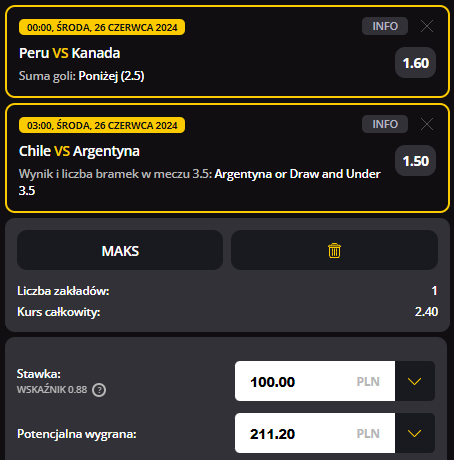 Kupon Copa America 25 czerwca LVBet