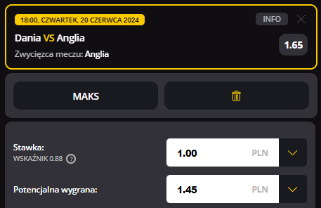 Przykładowy kupon promocja Dania - Anglia w LVBet