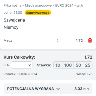 Przykładowy kupon SUI - GER Euro 2024 promocja Superbet