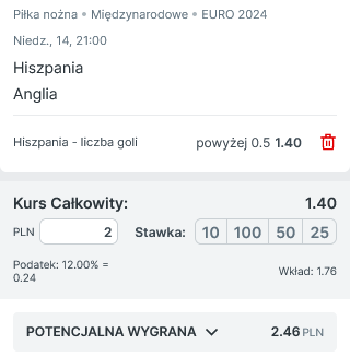 Przykładowy kupon 1 Hiszpania - Anglia promocja Superbet