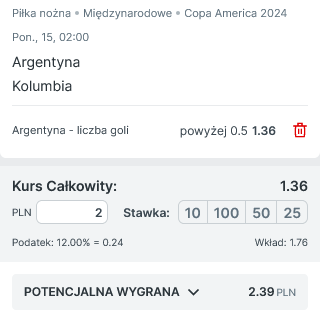 Przykładowy kupon 1 Argentyna - Kolumbia promocja Superbet