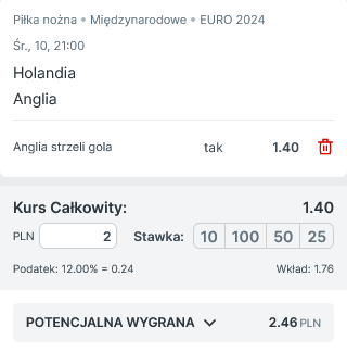 Przykładowy kupon 2 Superbet promocja Holandia - Anglia