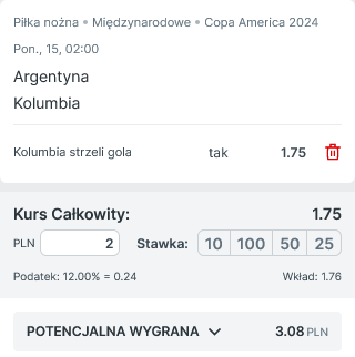 Przykładowy kupon 2 Argentyna - Kolumbia promocja Superbet