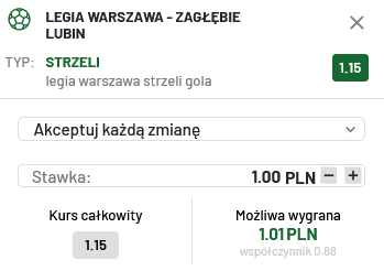 Przykładowy kupon promocja TOTALbet mecz Legia - Zagłębie