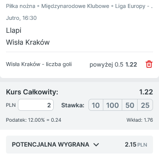 Przykładowy kupon promocja Llapi - Wisła w Superbet